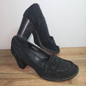 Born Heels 9.5/41 Black Suede Penny Loafer Pumps Stacked Block Heel